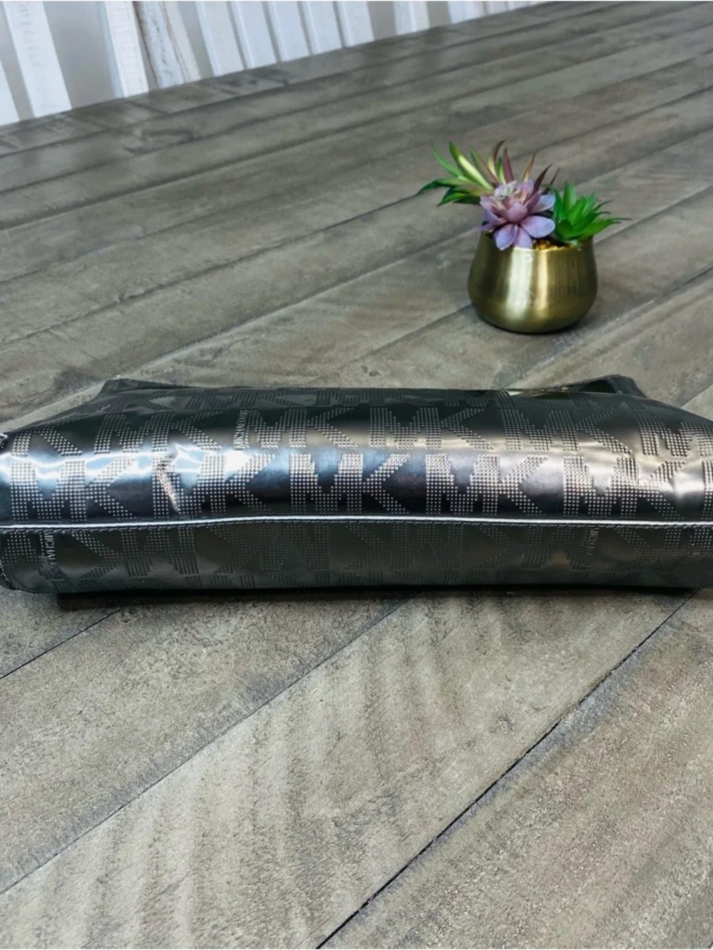 Michael Kors Berkley Signature Mirror Logo Clutch Pewter Metallic